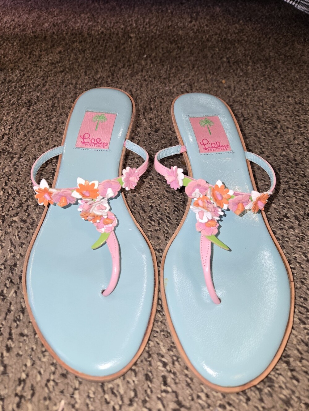 Lilly Pulitzer US Womens Size 9.5M Turq And Pink Floral Thong Kitten Heel Sandle